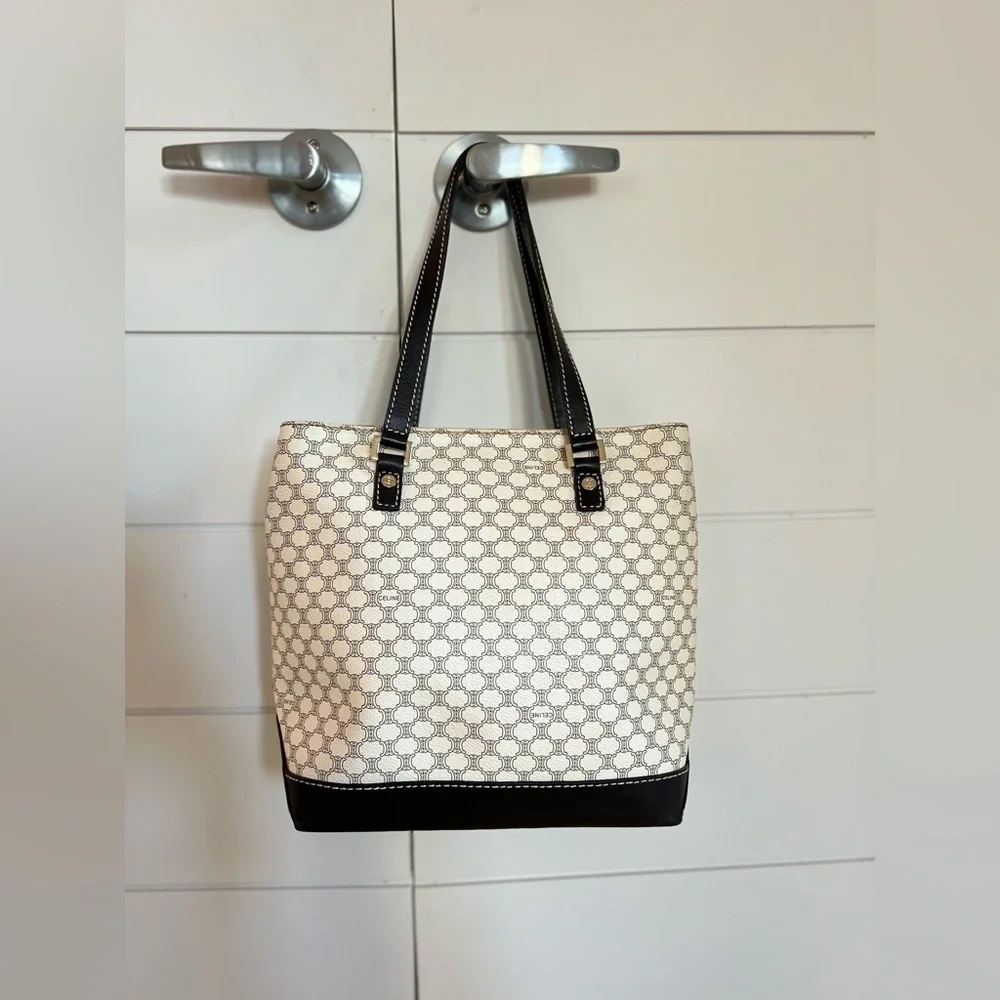Vintage Celine Macadam Leather Shoulder Bag in White & Dark Brown - Picture 1 of 16
